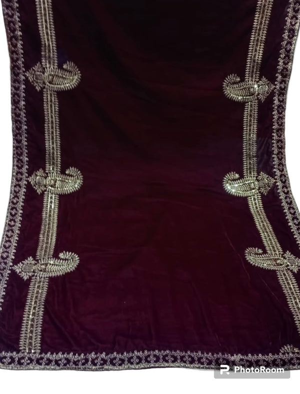 Long Side Border Velvet Shawl- Maroon