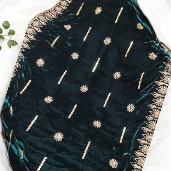 Full Embroidery Velvet Shawl- Emerald Green