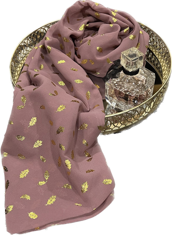 Chiffon Leaf Foil Hijab -Tea Pink