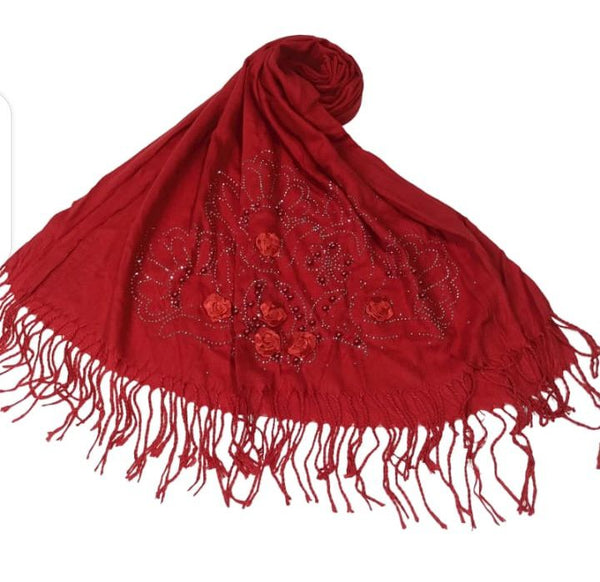 Pearl Flower  Cashmere Hijab- Red