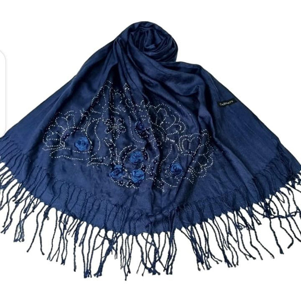 Pearl Flower  Cashmere Hijab- Navy Blue