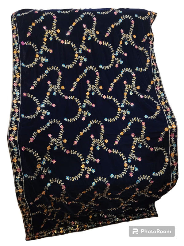 Heavy Embroidered Velvet Shawl- Navy Blue